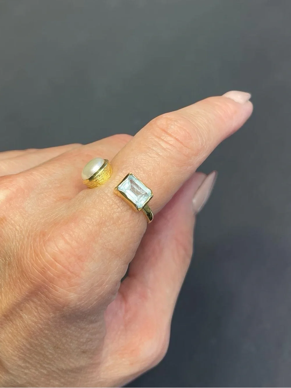 Ross-Simons Cultured Pearl Sky Blue Topaz Toi et Moi 18K Gold Vermeil Ring